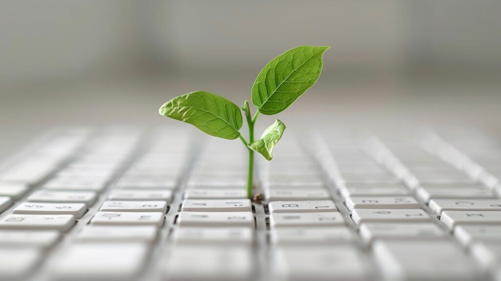 Planta växer ur tangentbord, symboliserar SEO